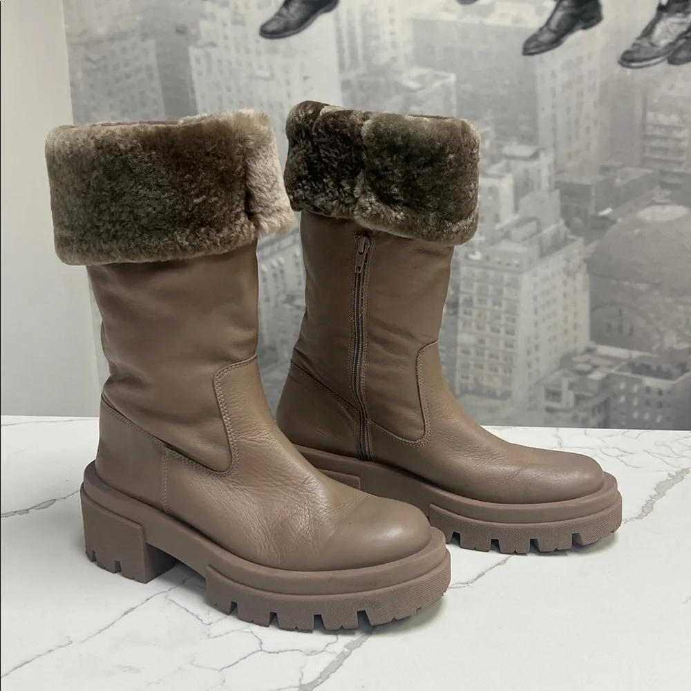 Free People Charlee Chunky Mid Boots Fur Cuff Lug Sole Taupe Minky Brown US 10